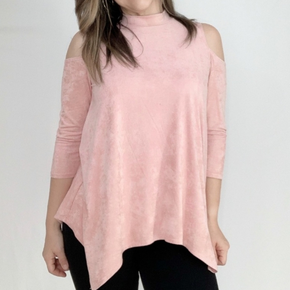 Faux Suede Mock Neck Cold Shoulder top
